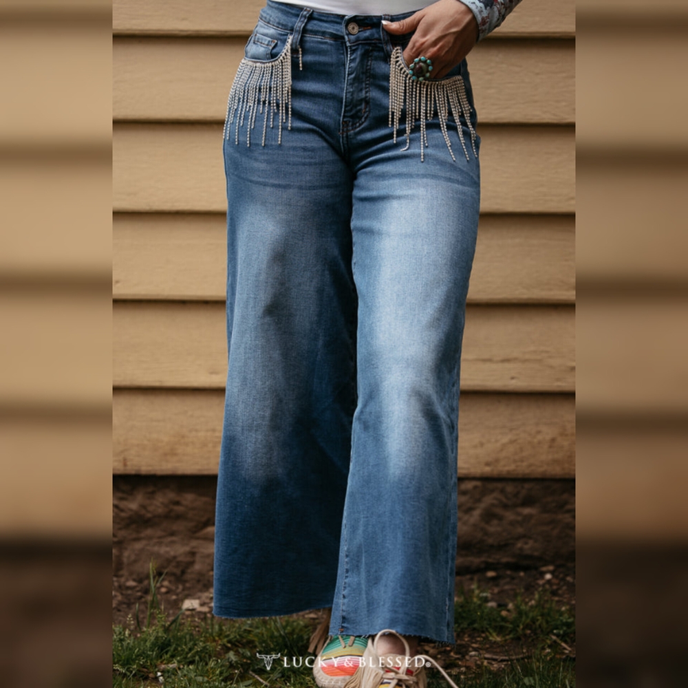 Lucky & Blessed Blue Wide-Leg Jeans with Rhinestone Fringe